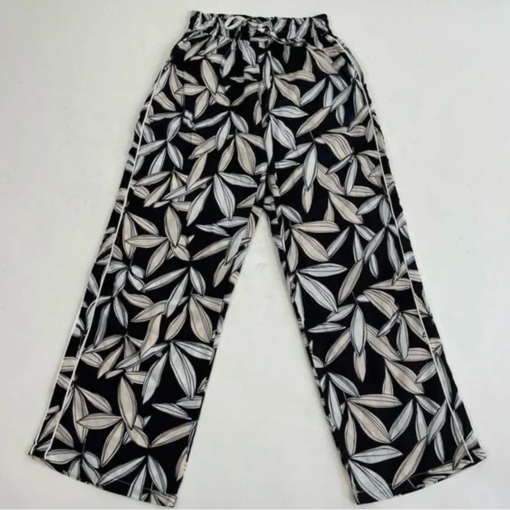 Black and White Floral Leaf Print Multicolor Wide Leg Drawstring Casual Pants